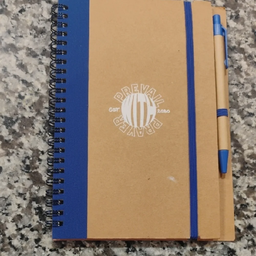 PREVAIL WITH PRAYER Blue and Tan Spiral Notebook with Pen